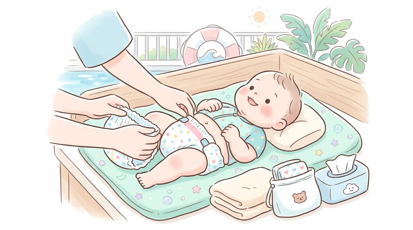 プールサイドのベビーチェンジングコーナーで水遊び用おむつを交換する親子の手元