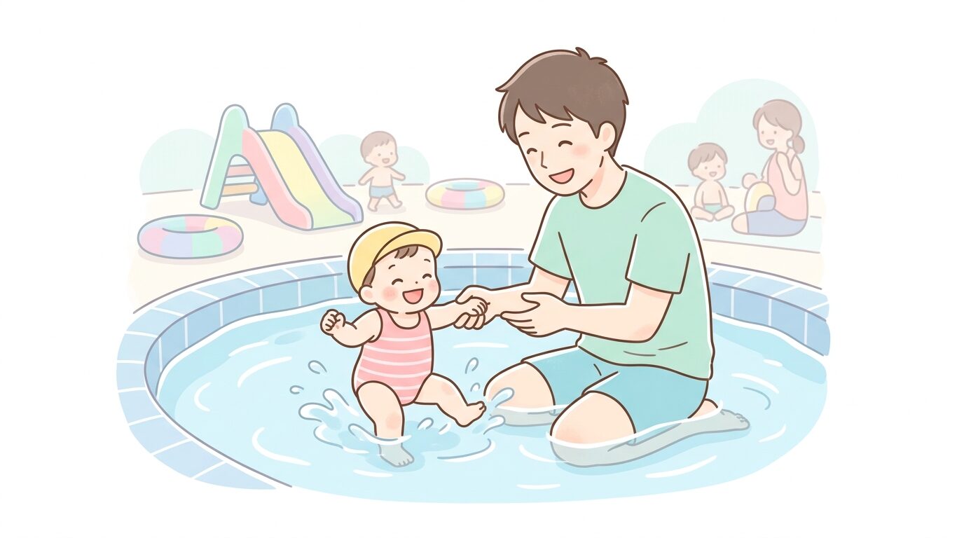 浅い幼児プールで赤ちゃんの両手をしっかり支えながら一緒に水遊びをする父親
