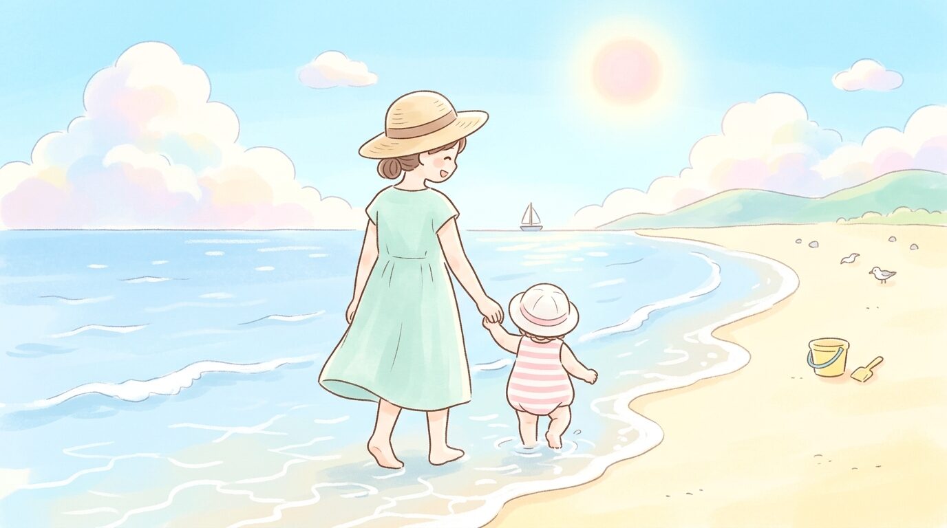砂浜で親子が手をつないで波際を歩いている後ろ姿、夏の明るい日差し