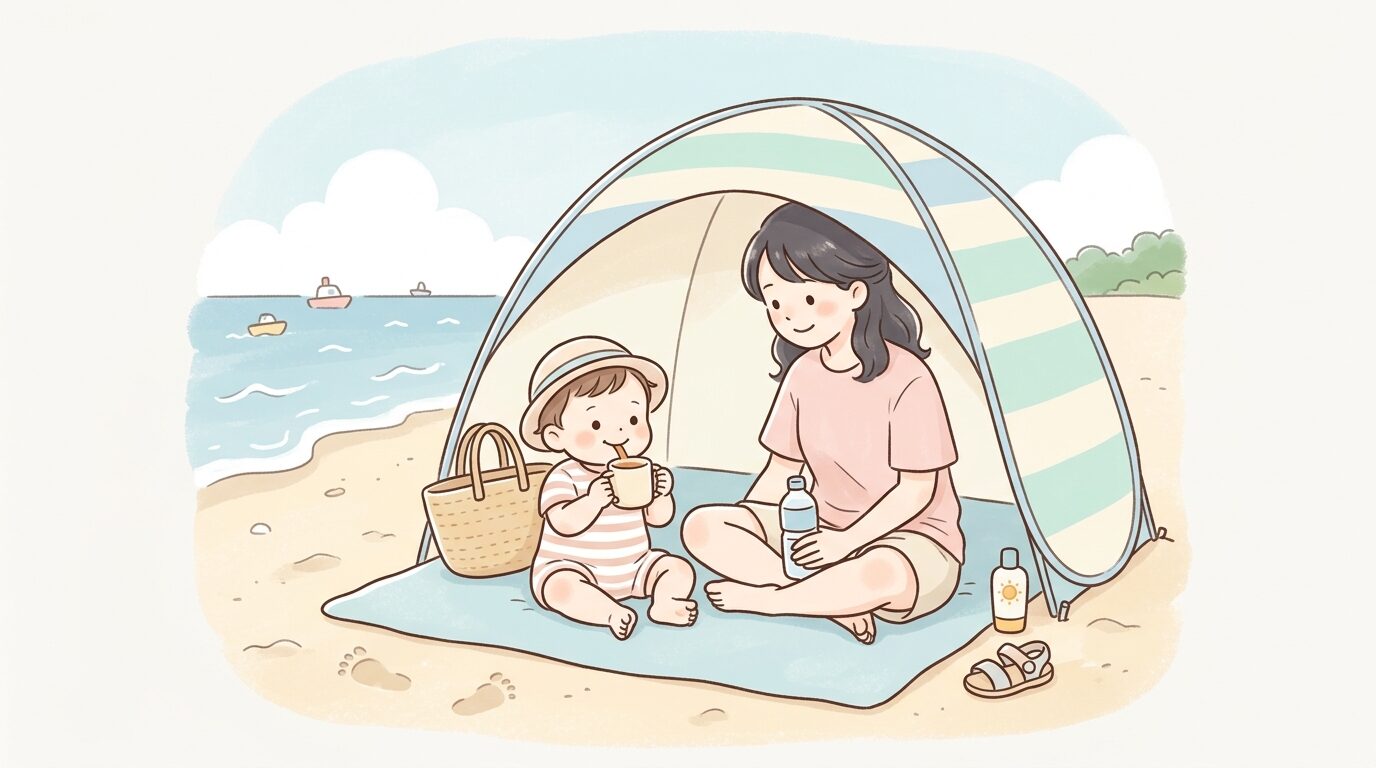 ビーチテントの下で日陰に座り麦茶を飲む1歳児と見守る母親