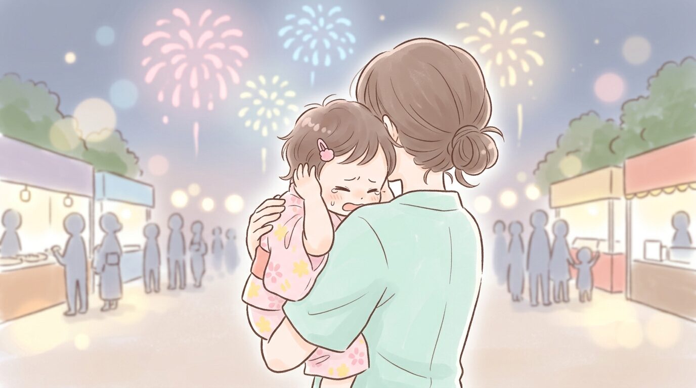 夜の花火大会の会場で母親に抱っこされ耳をふさいで泣く1歳児の後ろ姿