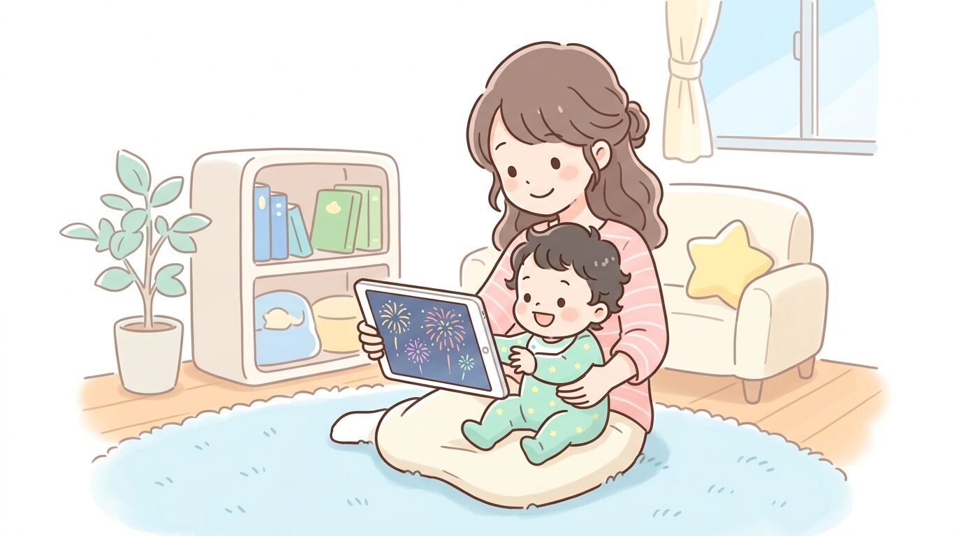 昼間の自宅リビングでタブレットの花火動画を親子で一緒に見ている様子