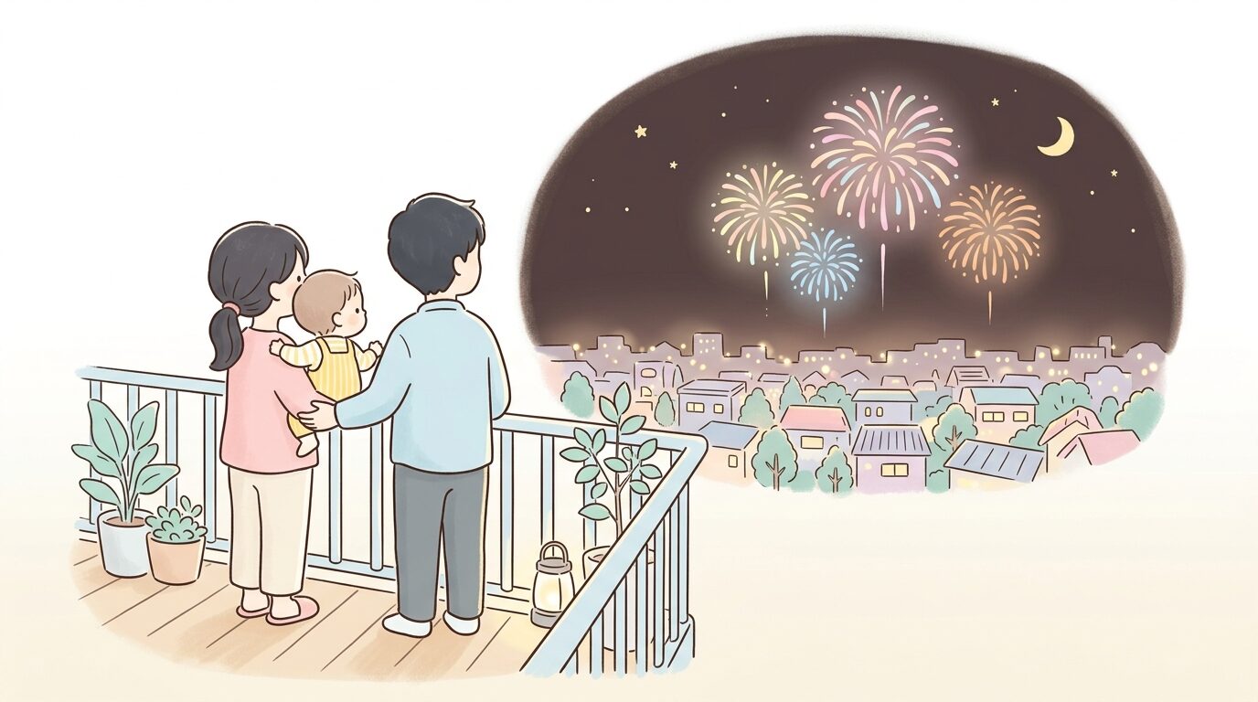 マンションのベランダから家族で遠くの花火を眺めている親子の後ろ姿