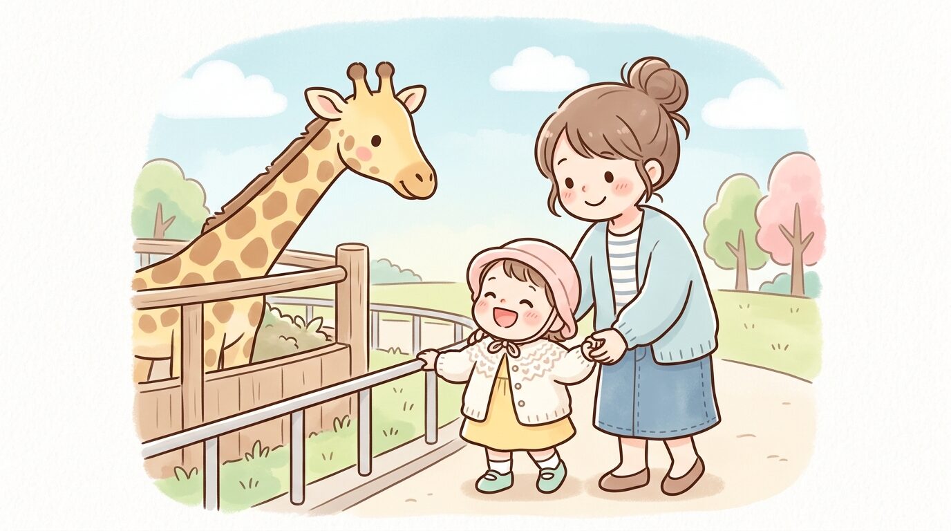 動物園でキリンを見上げて笑顔になっている1歳くらいの女の子と、その手を優しく支える母親