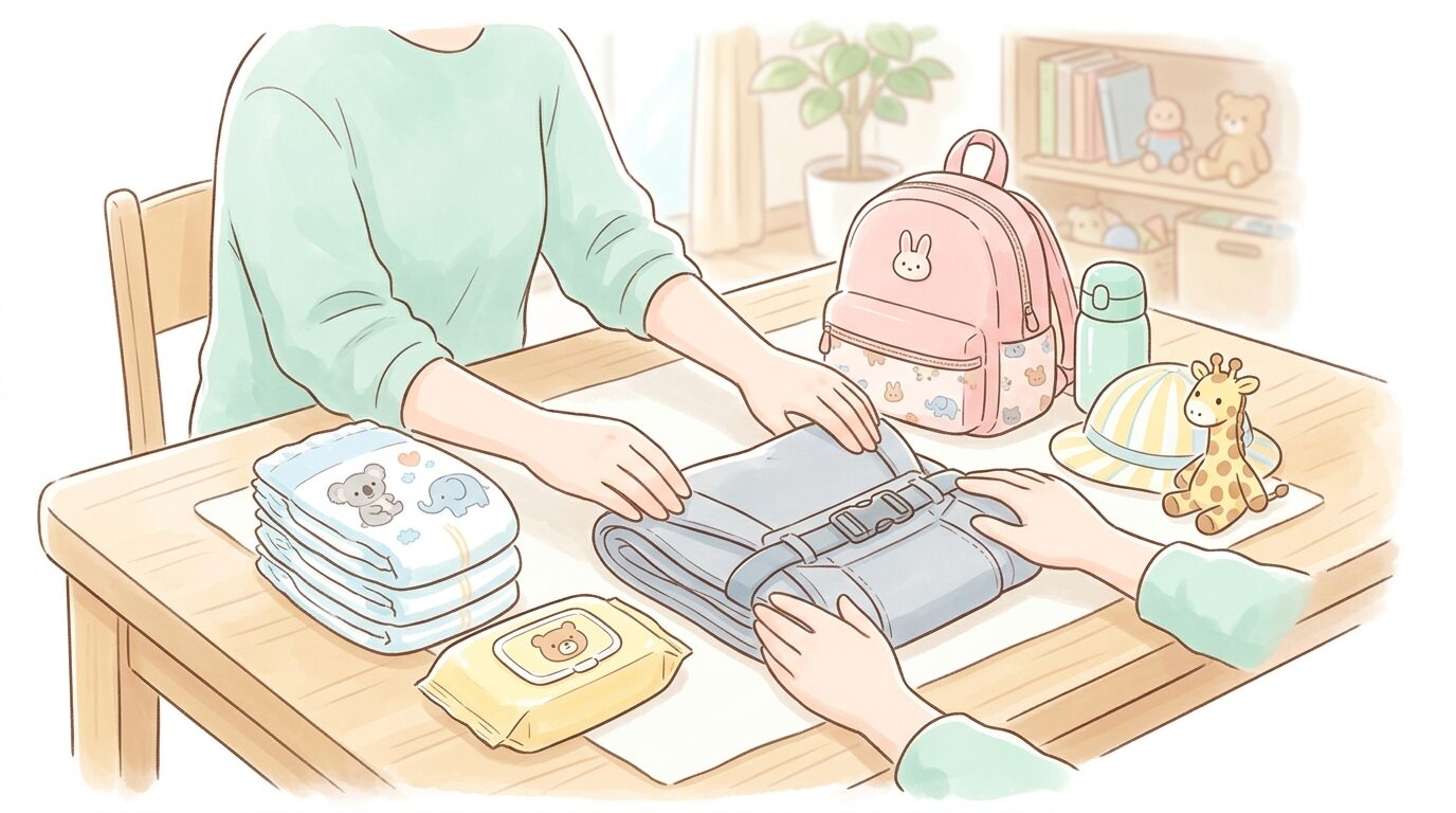 リビングのテーブルでおむつやおしり拭き、抱っこ紐などお出かけグッズを準備している親の手元