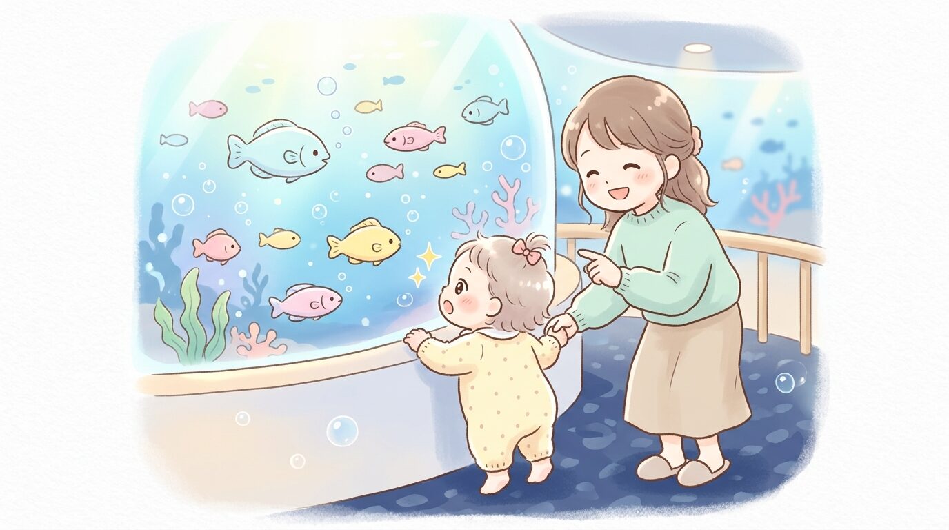 水槽の前で目を輝かせながら魚を見つめる1歳くらいの赤ちゃんと、隣で優しく声をかける母親
