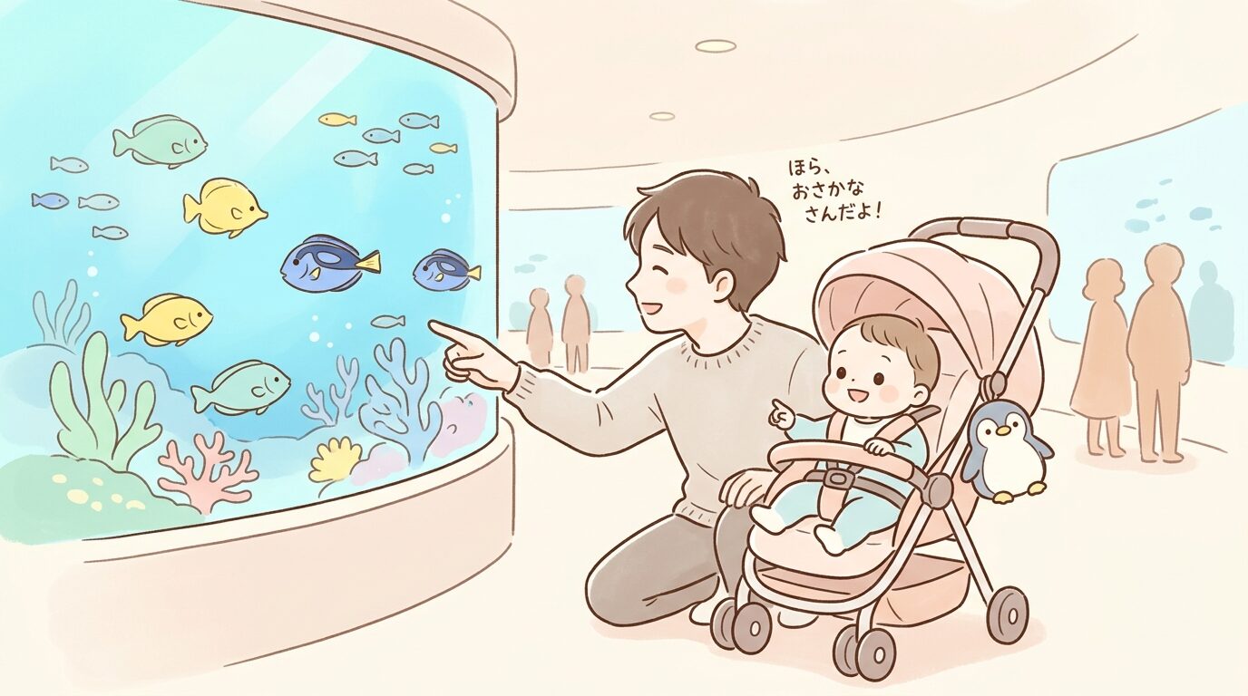 水族館の通路でベビーカーに乗った赤ちゃんに、指をさしながら生き物の名前を教える父親の横顔
