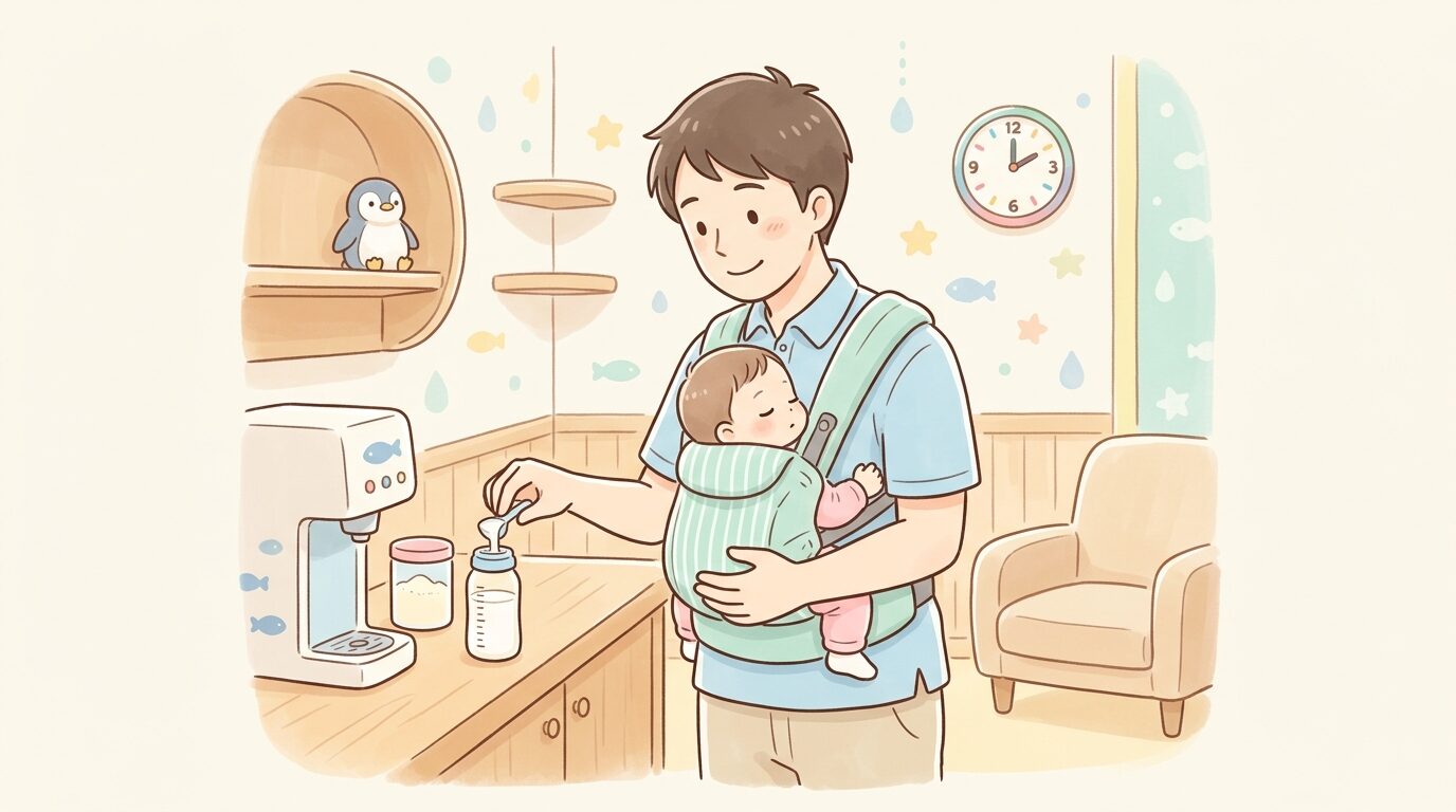授乳室でミルクを準備する父親と、待っている間に抱っこ紐でぐっすり眠る赤ちゃん