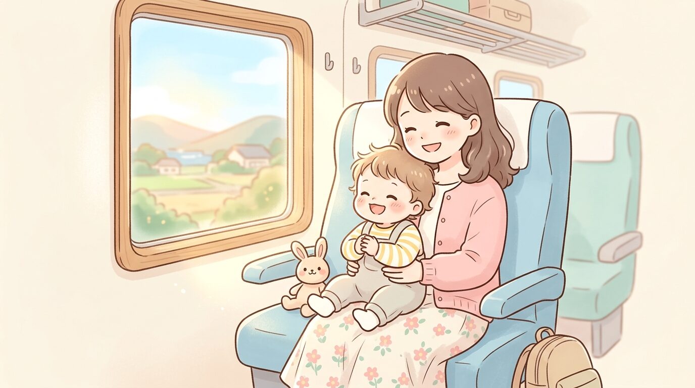 電車の座席で1歳くらいの子どもを膝に乗せて微笑む母親、車窓から柔らかい光が差し込む様子