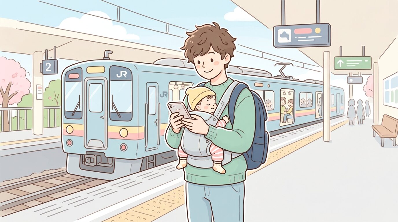抱っこ紐で1歳児を抱っこしながら駅のホームでスマートフォンを見る父親、背景に電車が停車している
