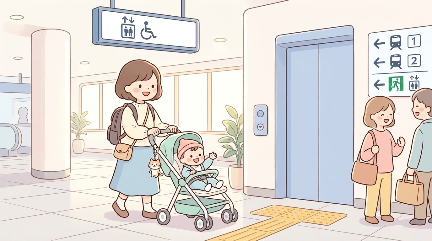 駅のエレベーター前でベビーカーを押す母親と1歳児、案内表示が見える明るい駅構内
