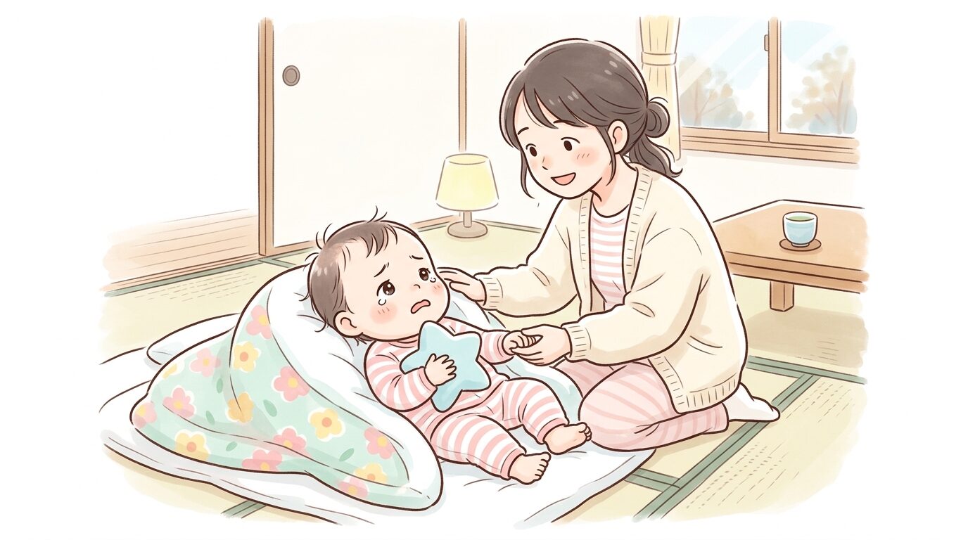 実家の和室で布団に横になり不安げな表情を見せる1歳児とそれを見守る母親