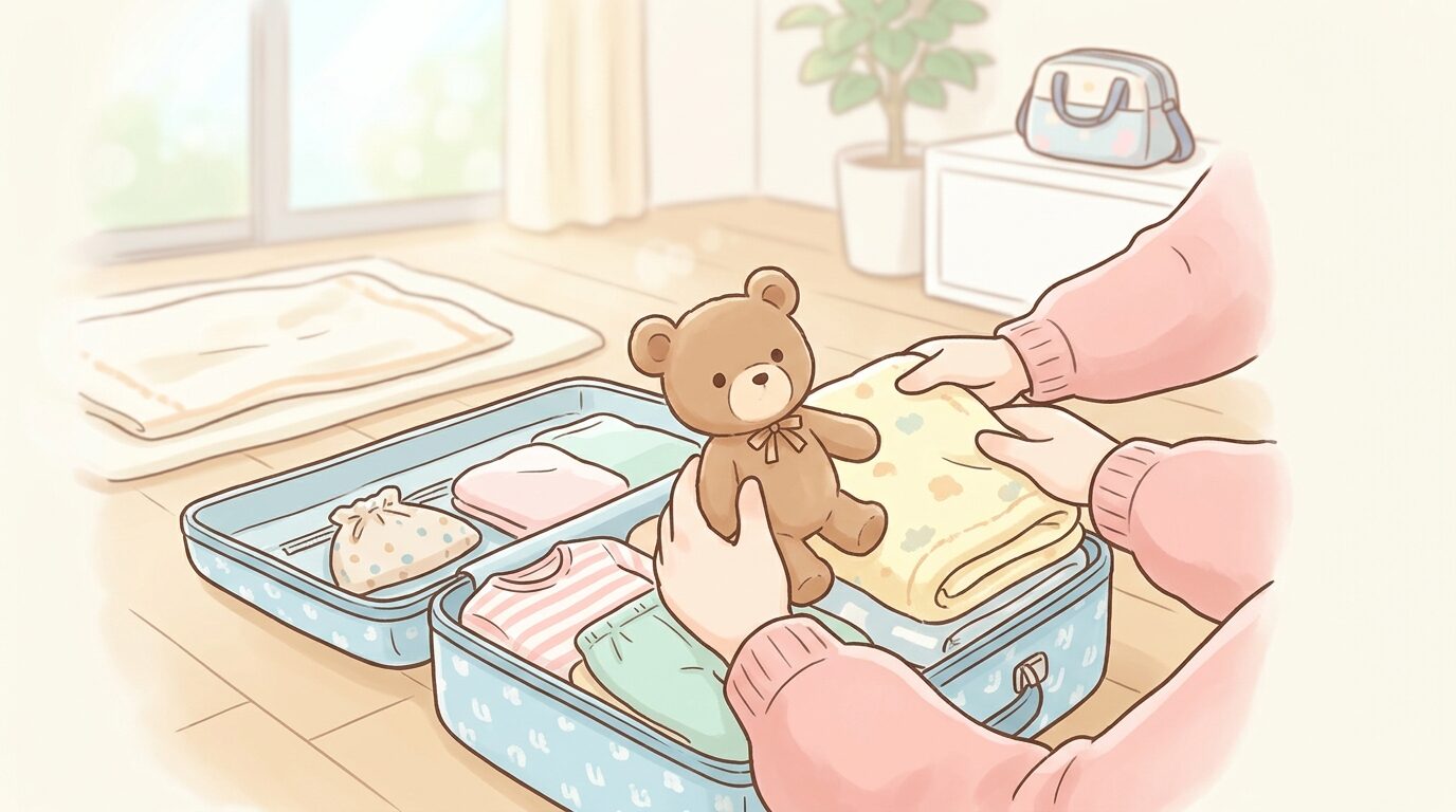 帰省の荷造りでお気に入りのぬいぐるみやタオルケットをスーツケースに詰める母親の手元