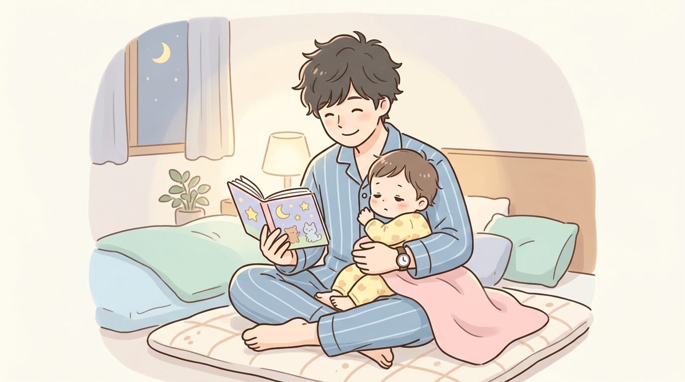 薄暗い寝室で絵本を読み聞かせながら1歳児を寝かしつける父親の穏やかな様子