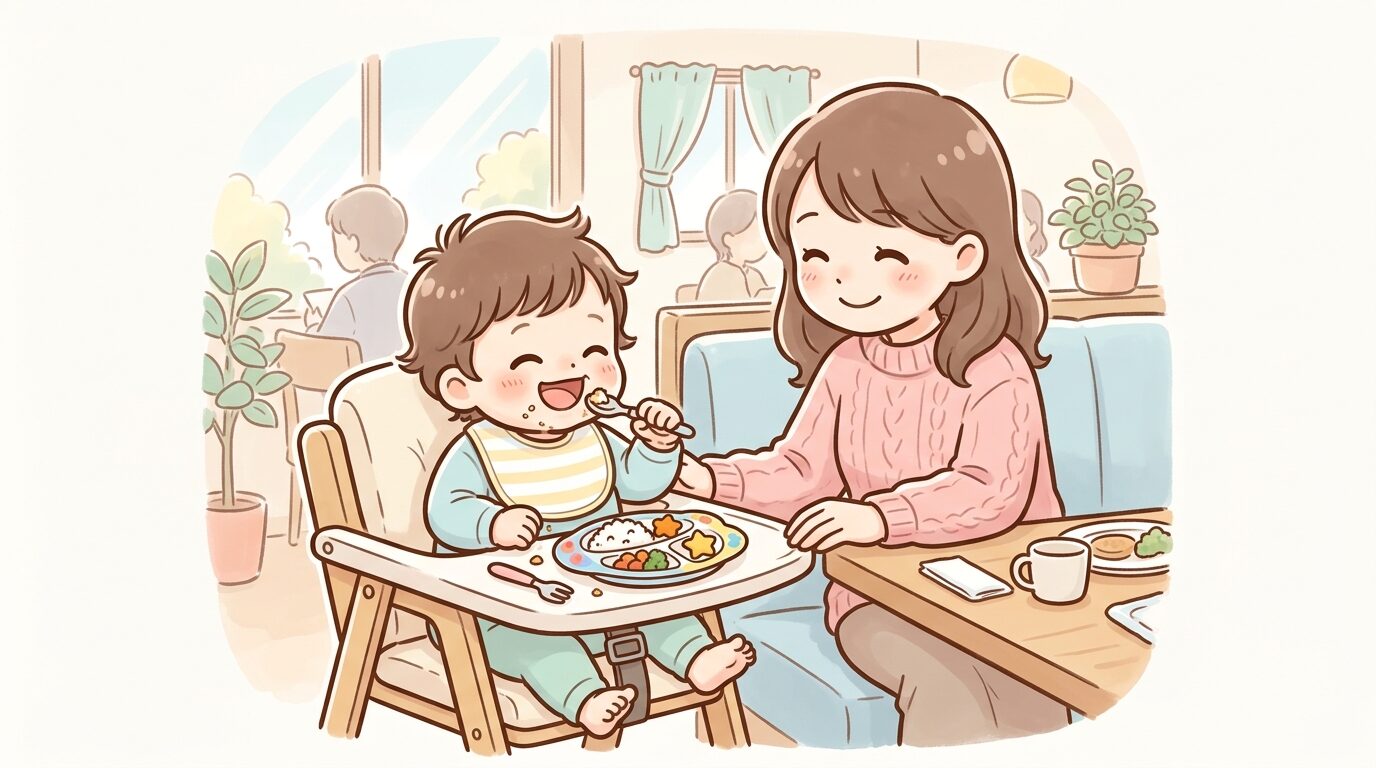 ファミリーレストランのハイチェアに座って笑顔で食事をする1歳児と見守る母親