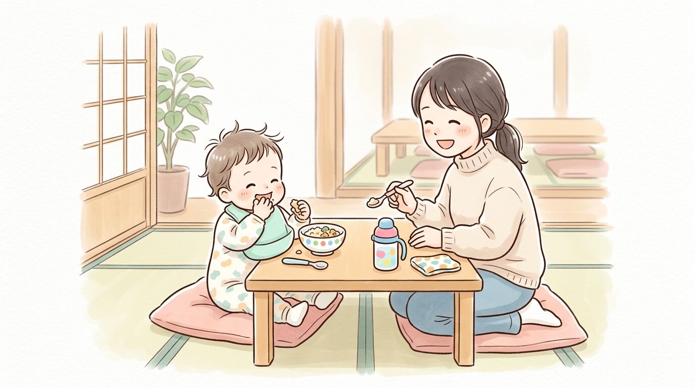 レストランの座敷席で親と一緒に離乳食を手づかみで食べる1歳児