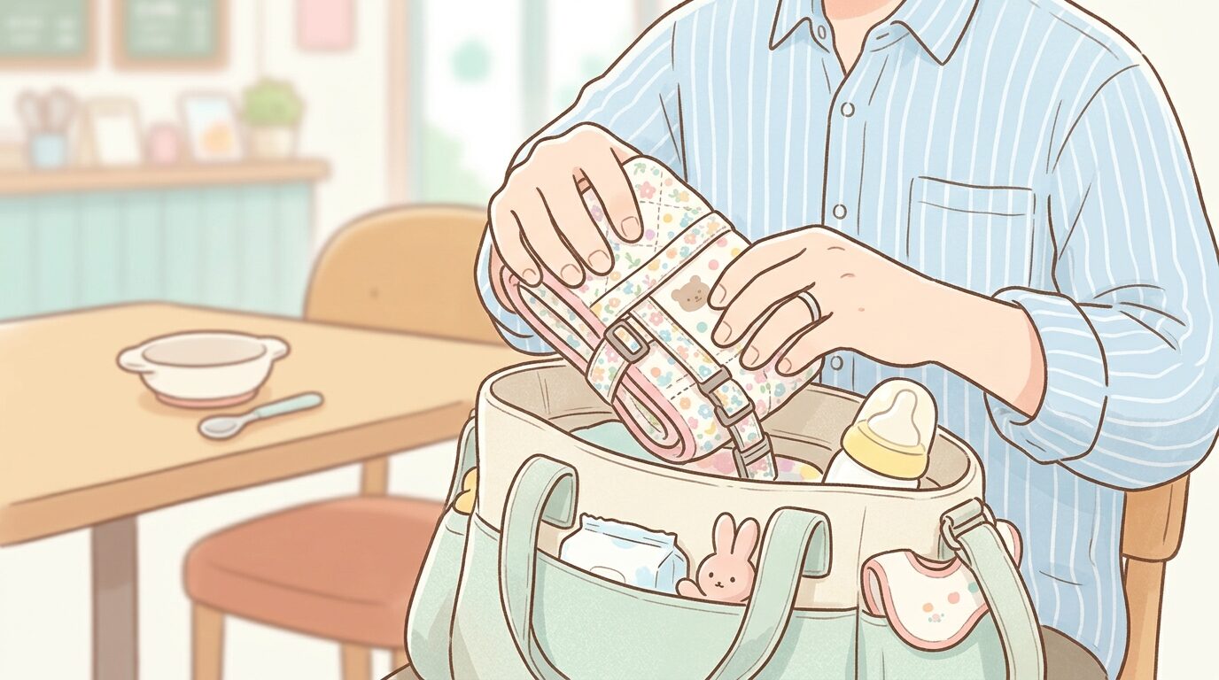 外出用バッグから折りたたみ式のチェアベルトを取り出す父親の手元