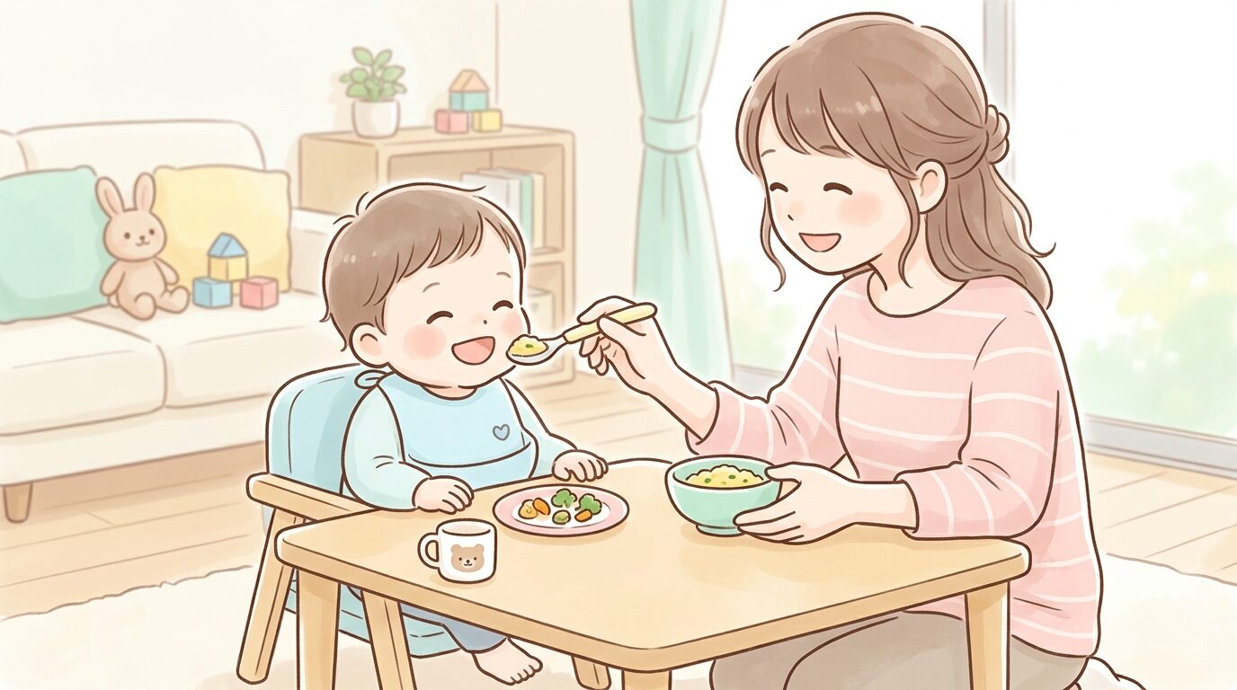 リビングのローテーブルで幼児食を並べ、笑顔で子どもに食べさせる母親の手元