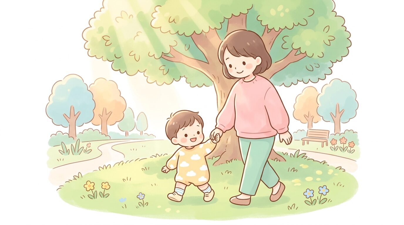 公園の芝生で親子が手をつないで散歩し、木漏れ日を浴びている様子