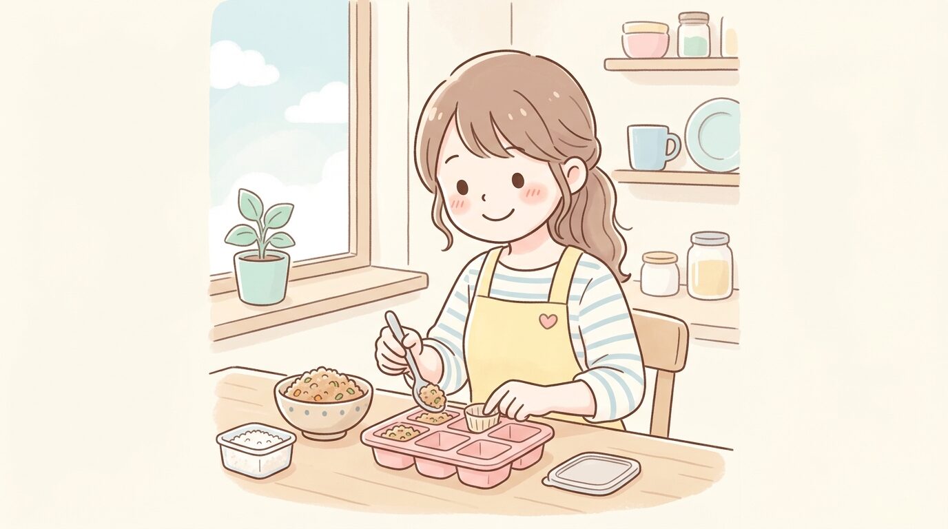 キッチンで冷凍保存用のシリコンカップに離乳食のそぼろを小分けする様子