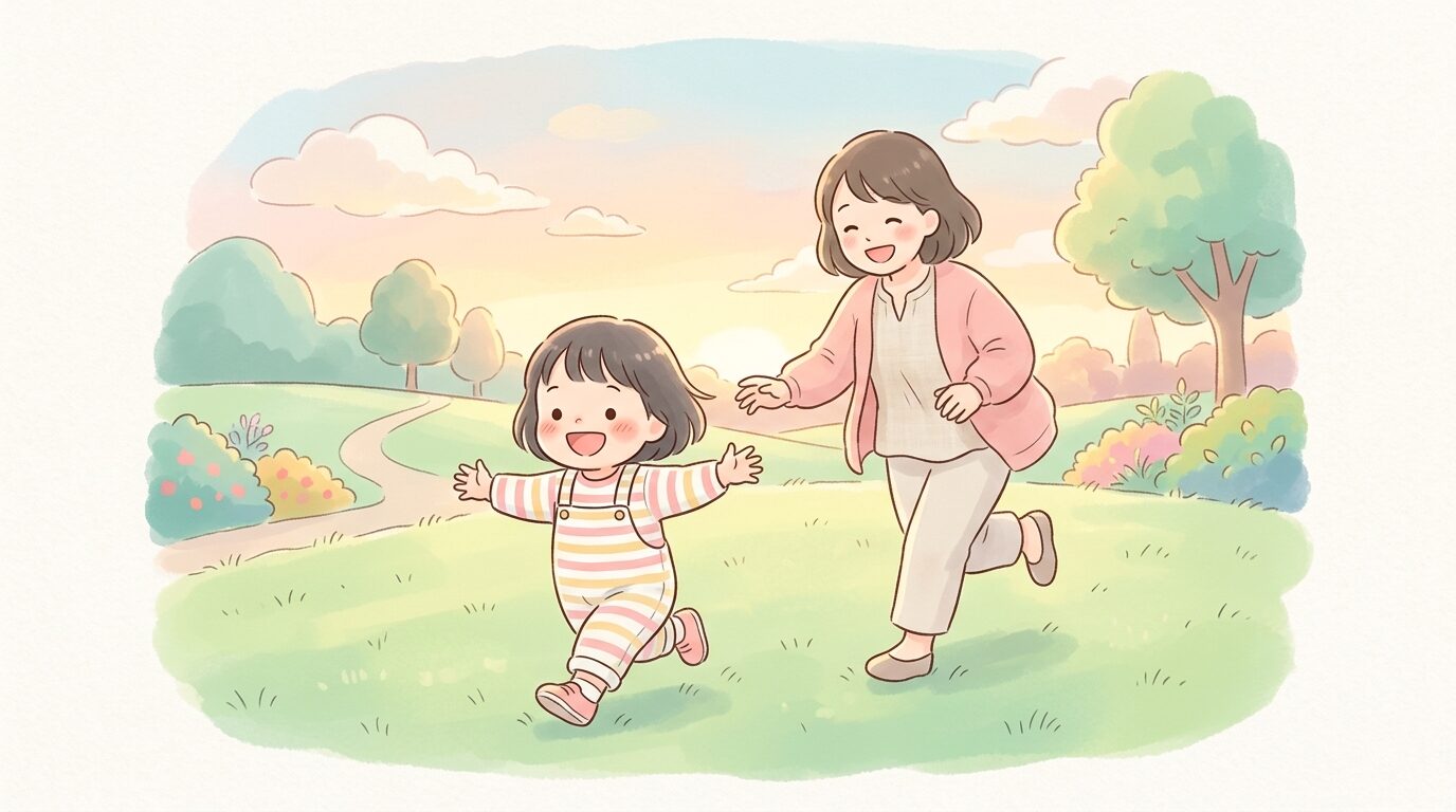 公園の芝生で満面の笑みで走る2歳児を追いかける母親、夕方の柔らかい光の中でのびのびと遊ぶ様子