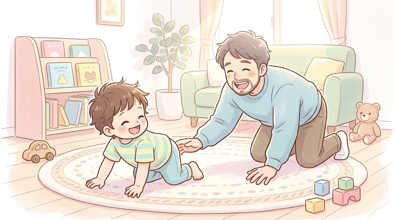 リビングの床でハイハイ鬼ごっこをする2歳児と父親、笑顔で追いかけっこを楽しむ室内の温かい雰囲気