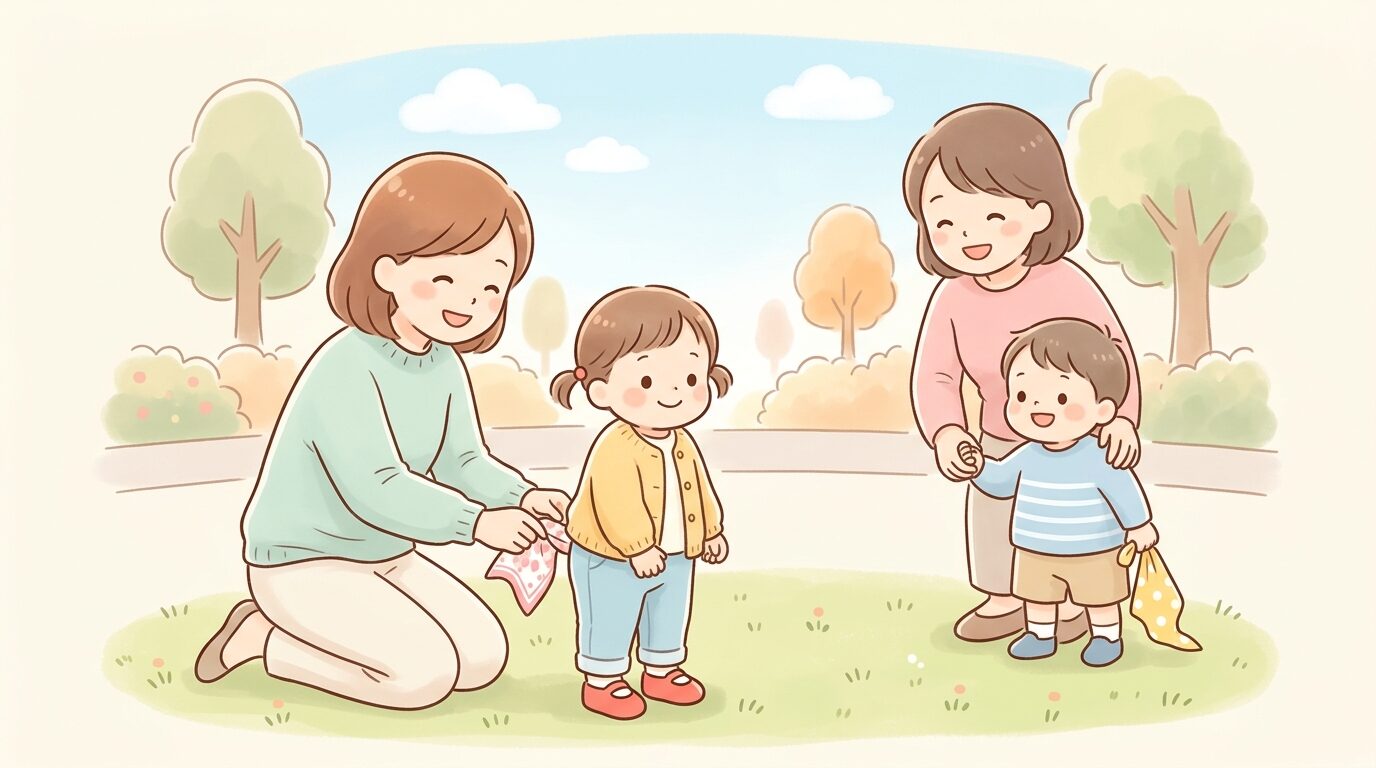 公園でしっぽとりゲームのためのハンカチをズボンに挟んでもらう2歳児、順番を待つ親子の微笑ましい様子