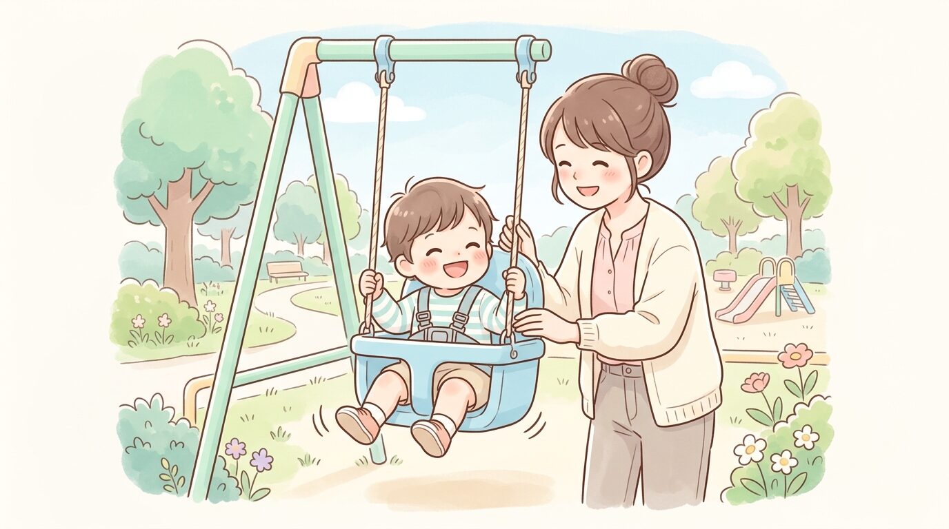 公園でバケットシート型のブランコに笑顔で乗る2歳くらいの子どもと、隣で見守る母親