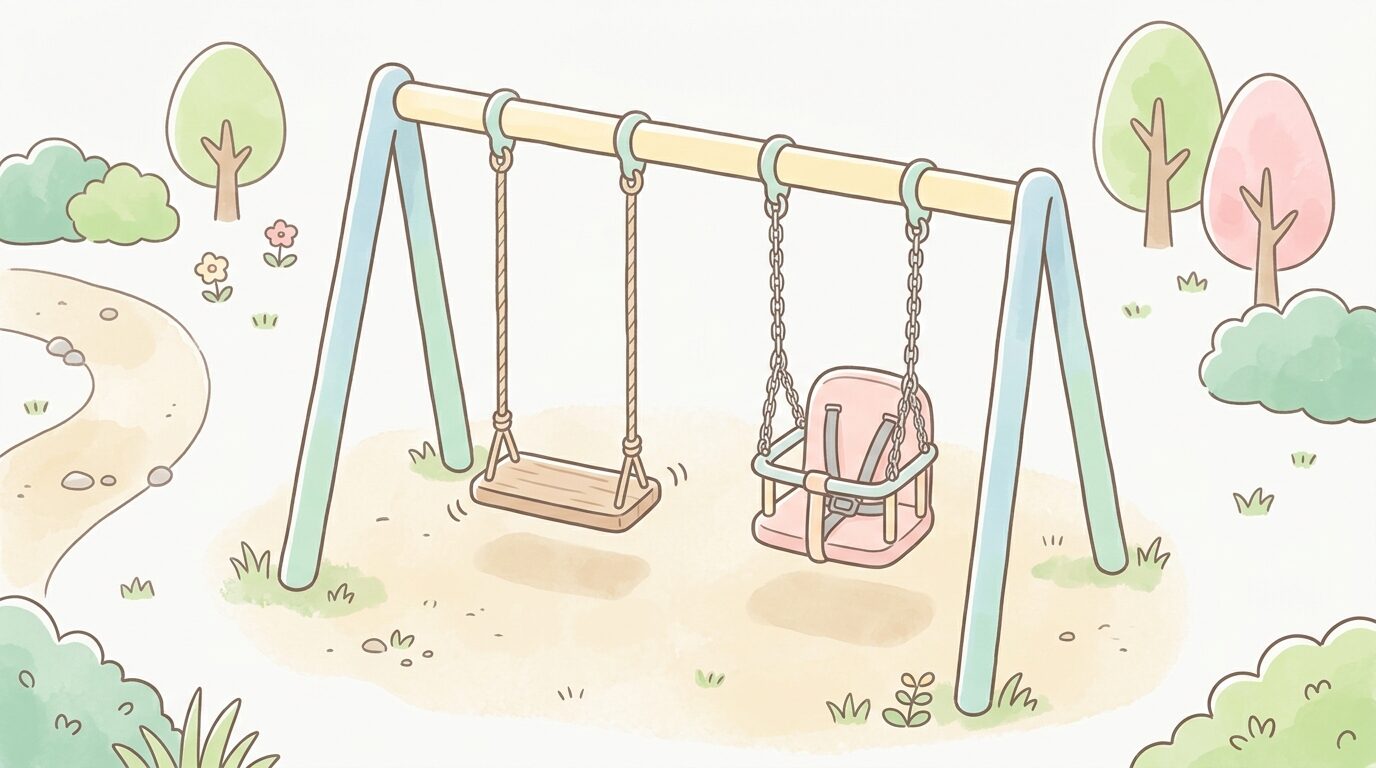 公園に設置された座板タイプと椅子型ブランコが並んでいる様子を俯瞰で撮影した写真