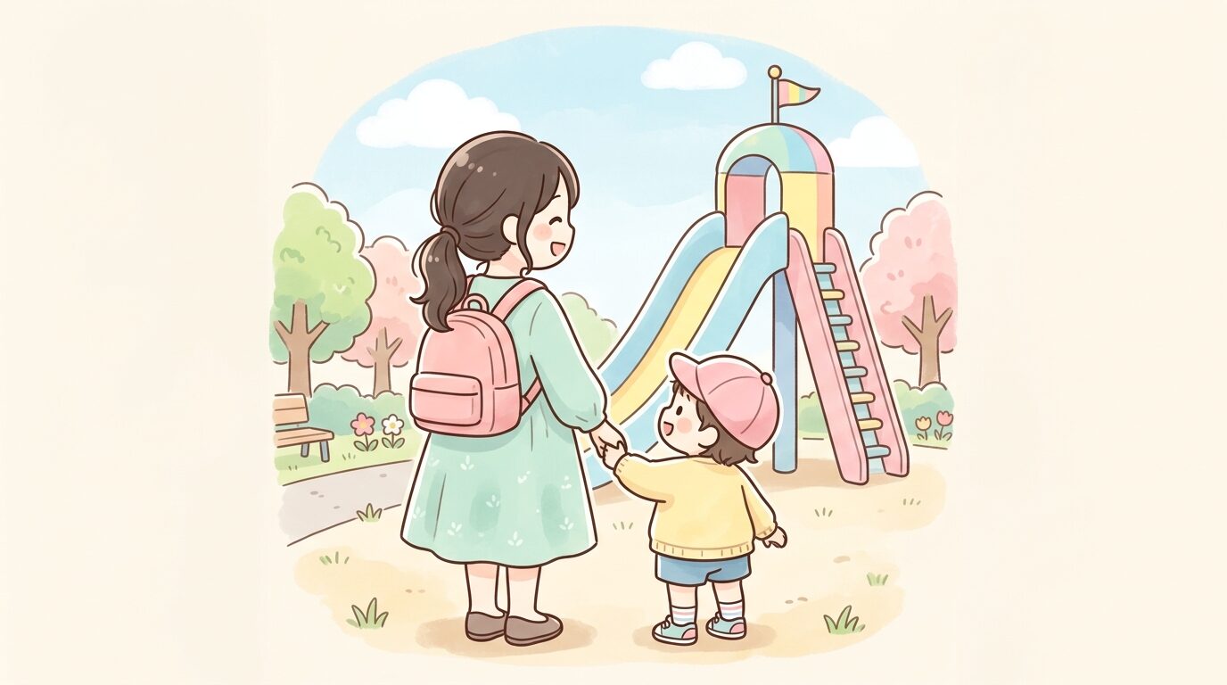 公園の滑り台を親子で楽しそうに見上げる2歳くらいの子どもと母親の後ろ姿、明るい昼下がりの公園