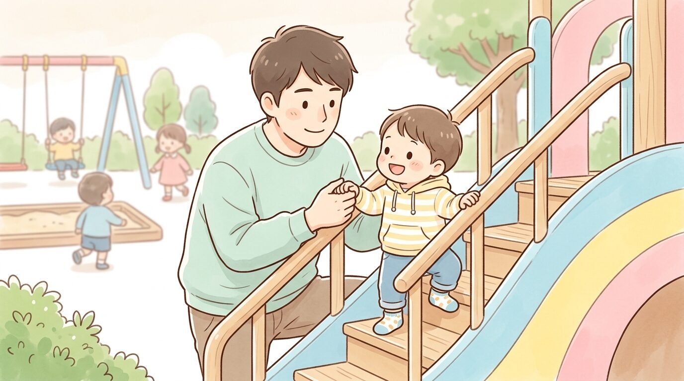 滑り台の階段に付き添い、子どもの手をしっかり支える父親の真剣な表情のクローズアップ