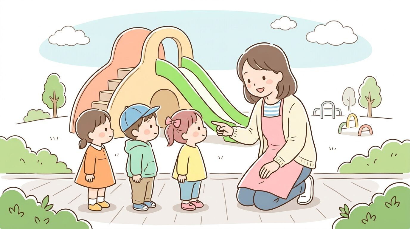 滑り台の順番待ちの列で、子どもたちに順番を指差しながら優しく教える保育士風の女性