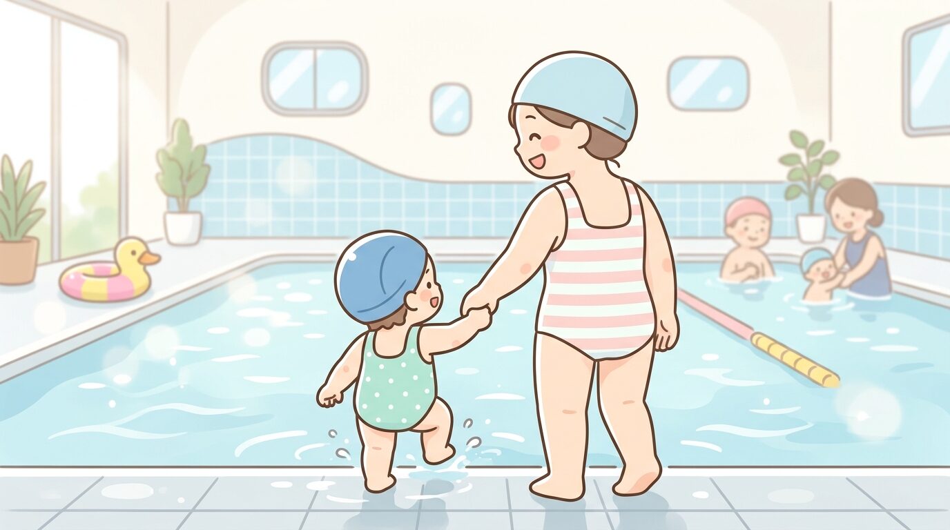 明るい室内プールで小さな子どもと手をつなぎ水遊びを楽しむ母親の後ろ姿