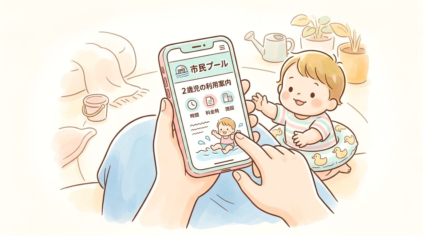 スマートフォンで自治体プールの利用案内ページを確認する親の手元