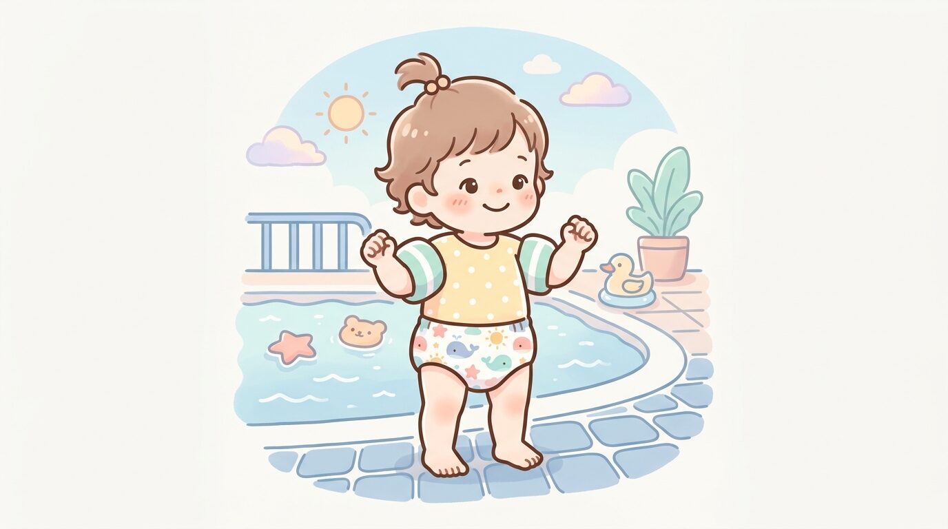 水遊びパンツを履いた2歳くらいの子どもがプールサイドに立っている様子