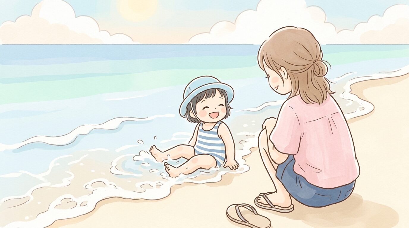 波打ち際で笑いながら足を水に浸けている2歳くらいの子どもと、そばで見守る母親の後ろ姿