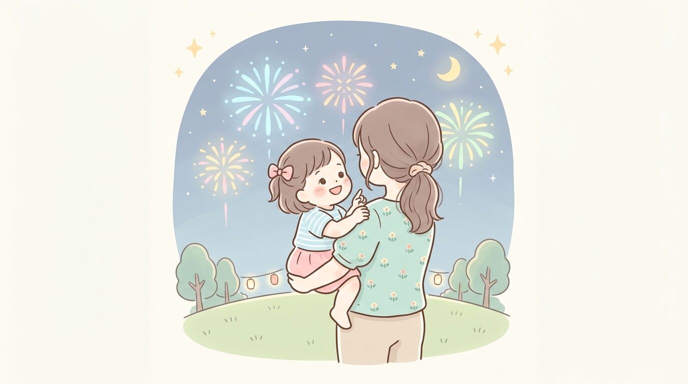 夜空に上がる花火を見上げて笑顔の2歳児と、抱っこして寄り添う母親の後ろ姿