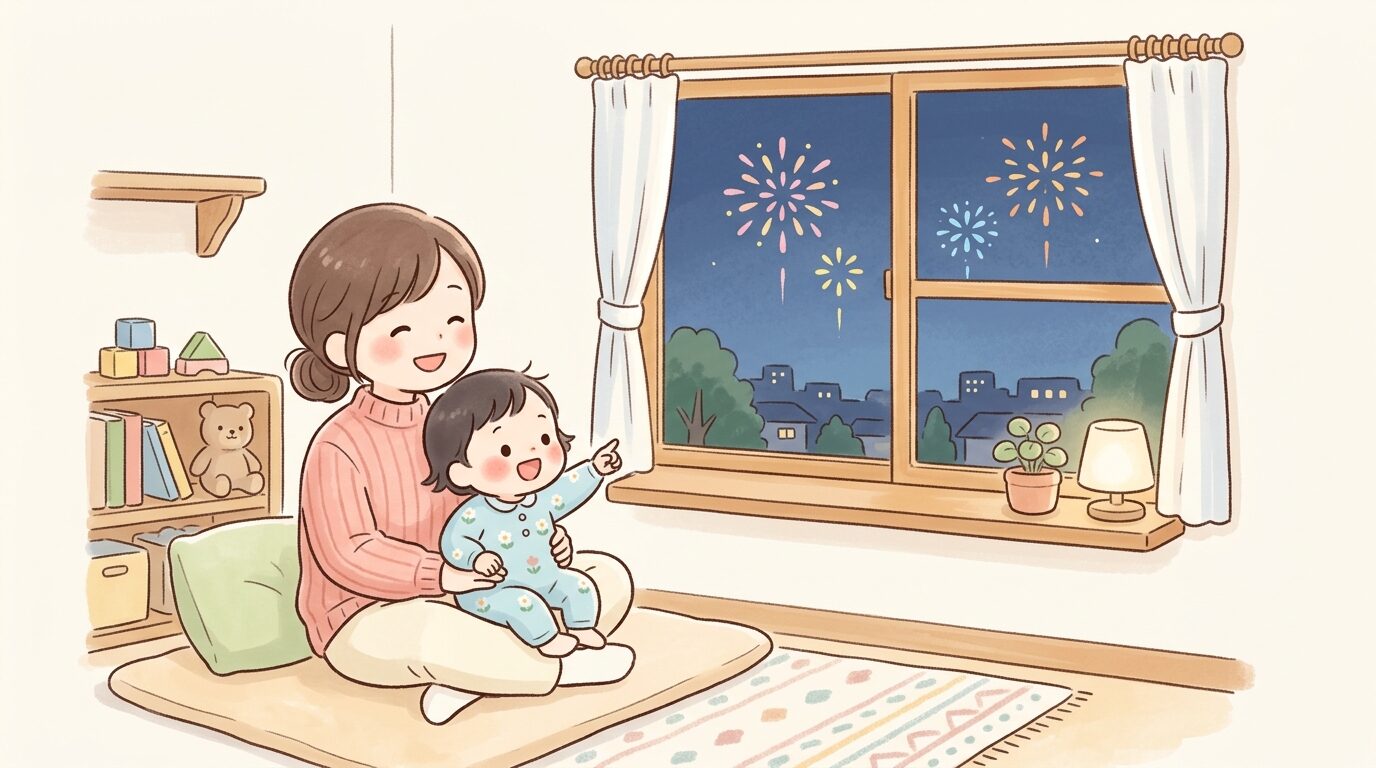リビングの窓辺から遠くの花火を親子で一緒に眺めている温かい雰囲気の室内シーン