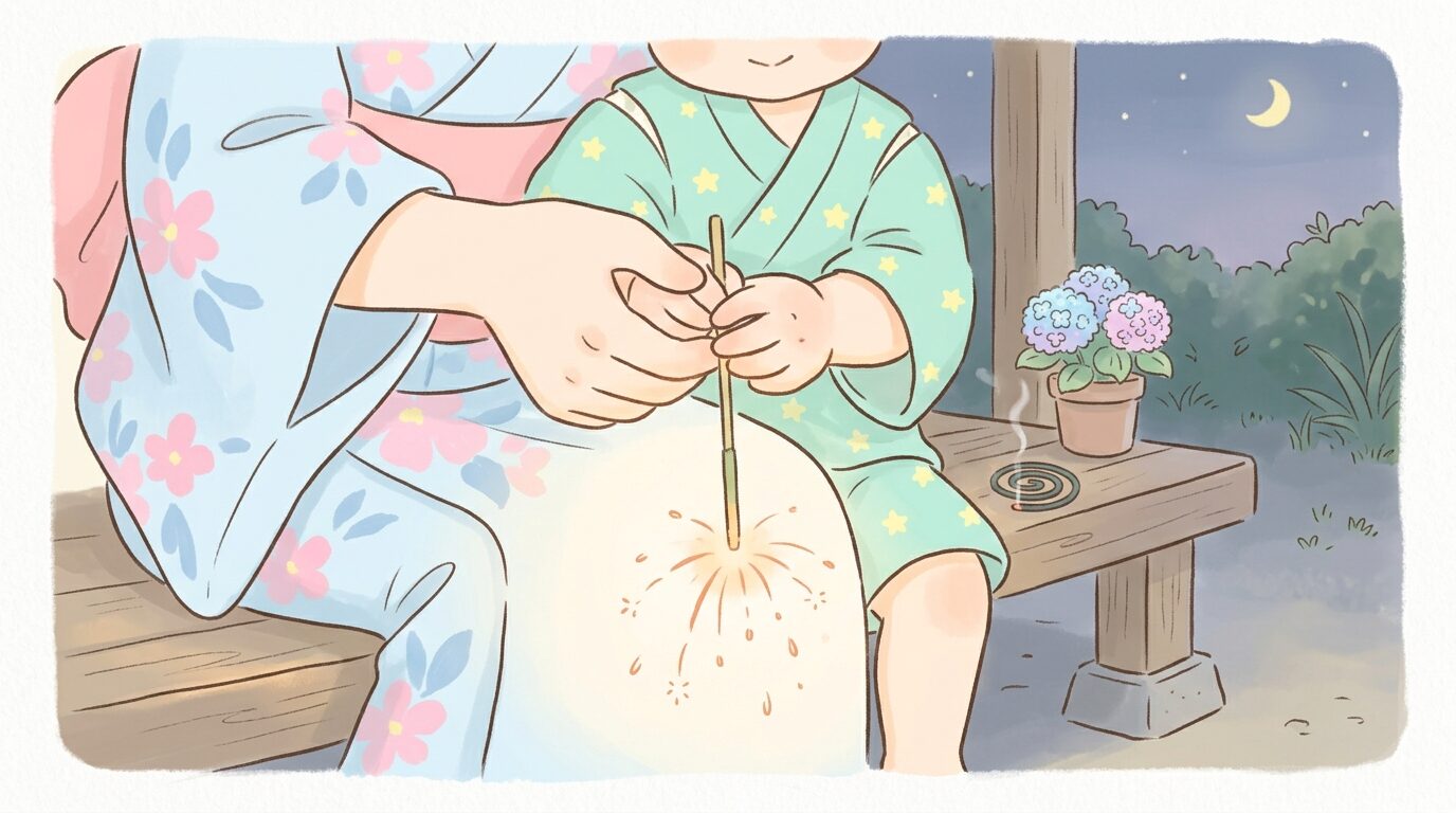 縁側や庭先で子どもと一緒に線香花火を優しく持って楽しむ親子の手元