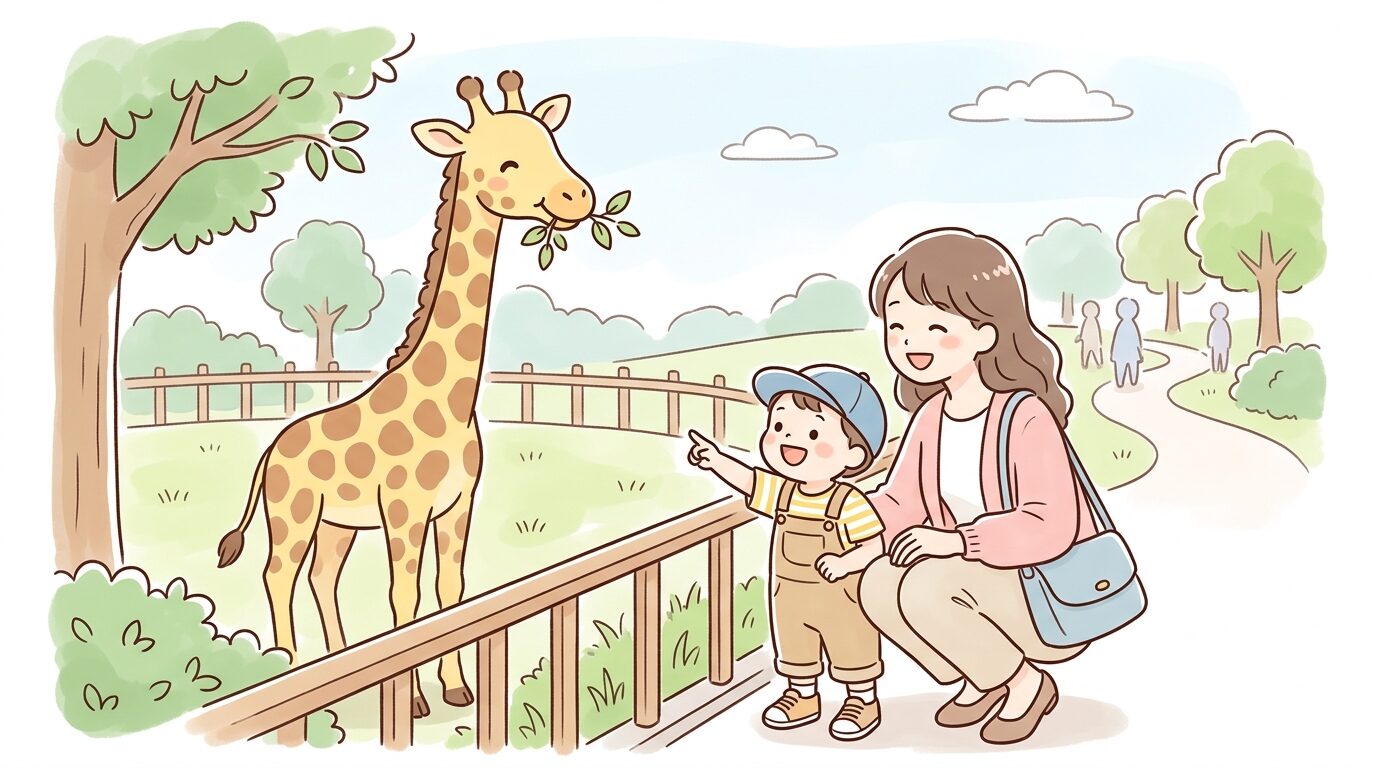 動物園でキリンを指差しながら親子で笑い合う2歳くらいの子どもと母親
