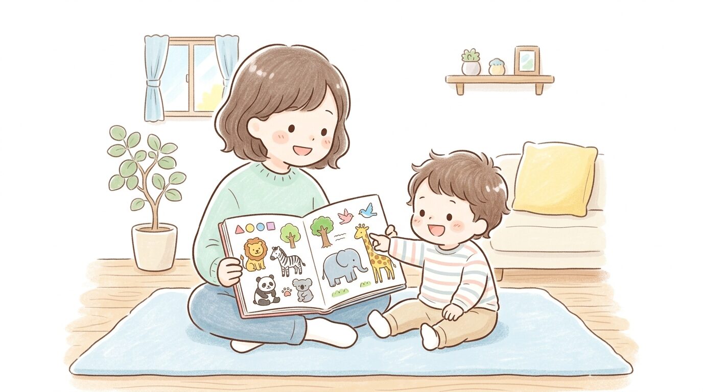 リビングで動物図鑑を広げて親子で一緒に読んでいる様子