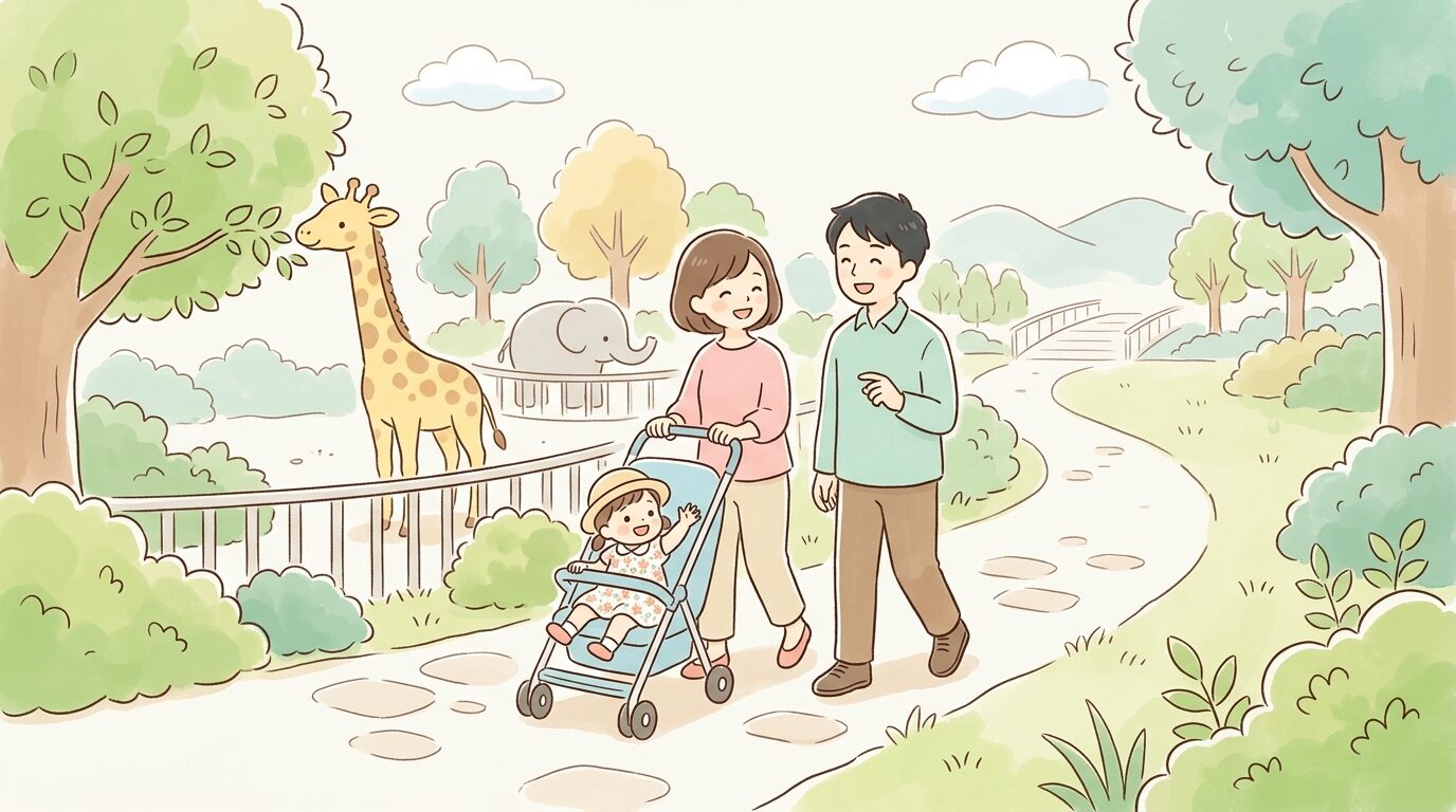 平日の午前中、空いている動物園の園内をベビーカーを押しながら歩く家族