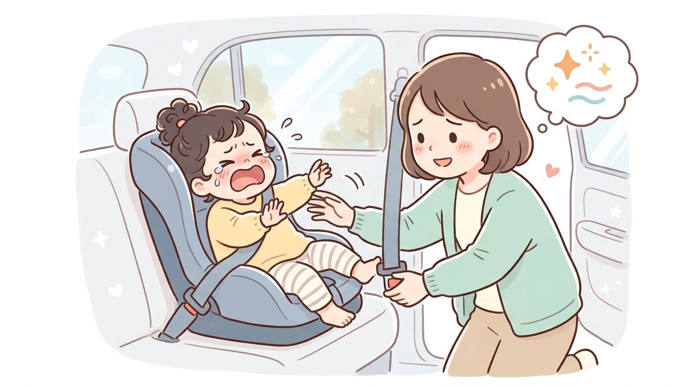 チャイルドシートで体をのけぞらせて泣く2歳児と困り顔で優しく声をかける母親