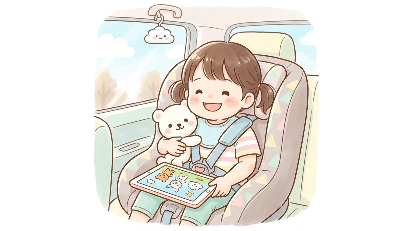 お気に入りのぬいぐるみやタブレットを手に持ち、チャイルドシートで笑顔になる2歳児