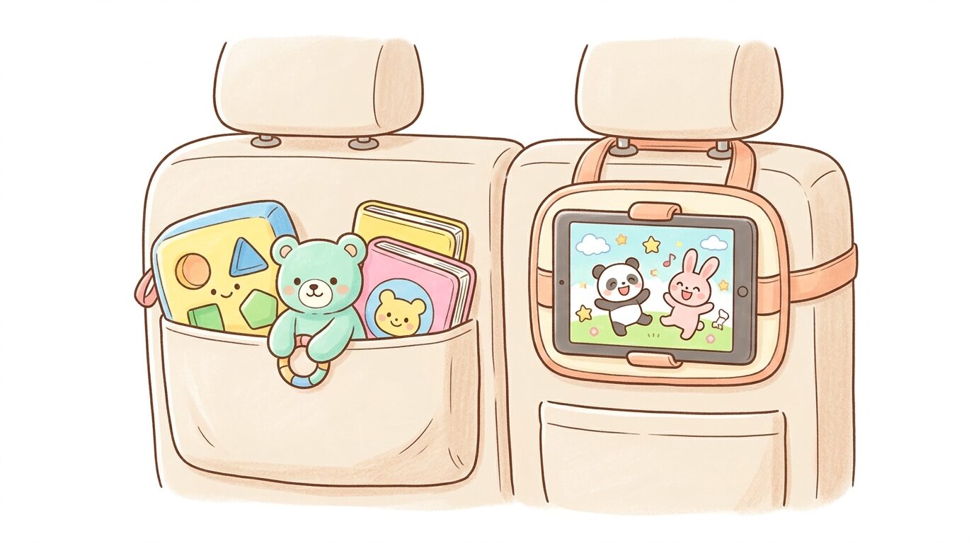 車のバックシートポケットに収納された知育おもちゃとタブレットホルダー