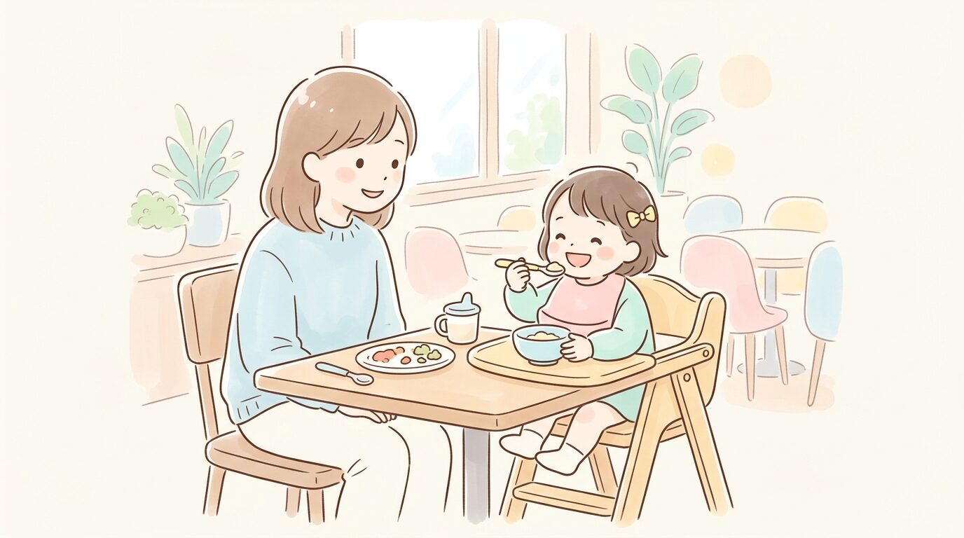 レストランのキッズチェアに座り笑顔で食事をする2歳児と隣で見守る母親