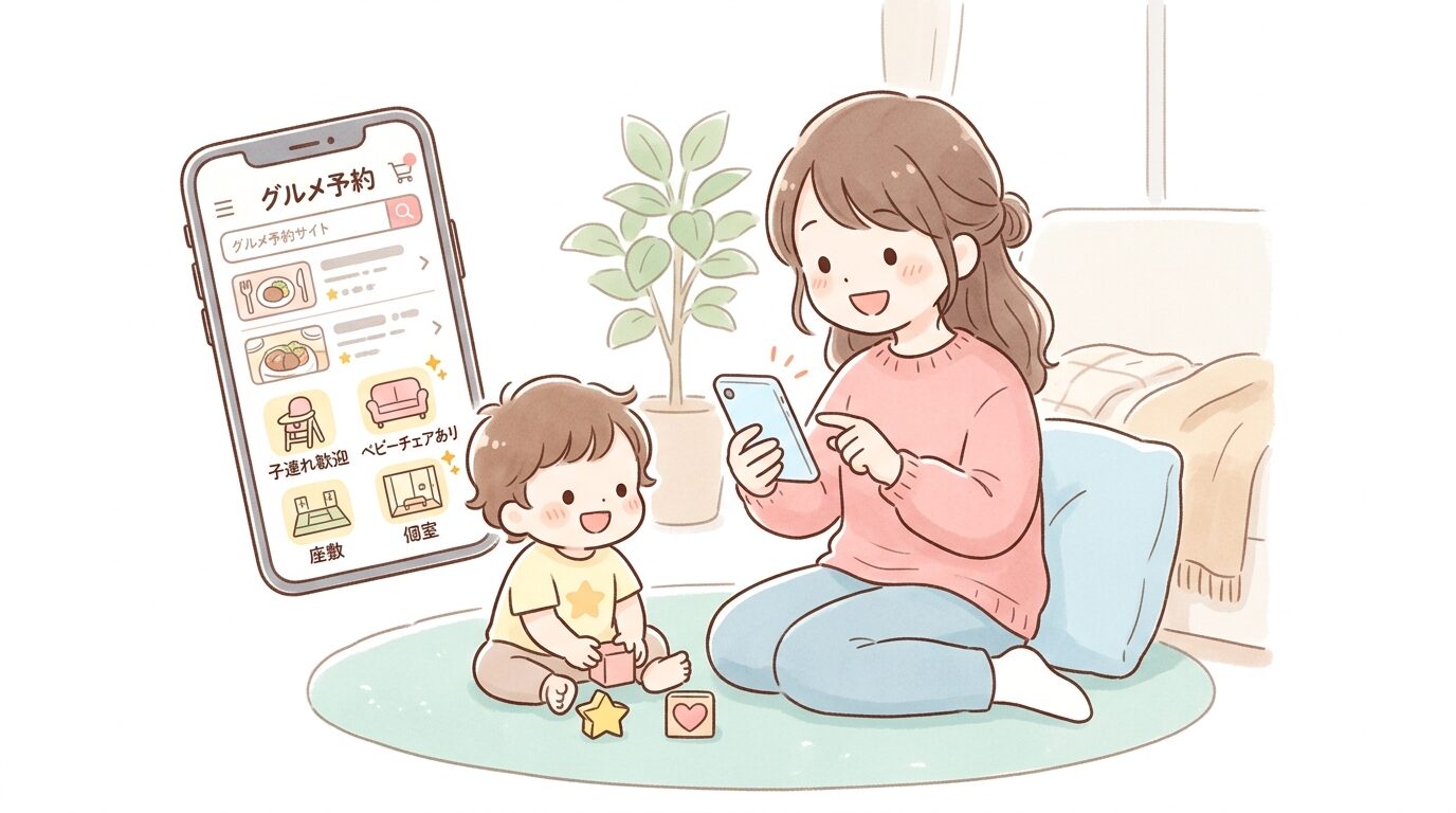 スマートフォンでグルメ予約サイトを見ながら子連れ向けの座席条件を確認する親