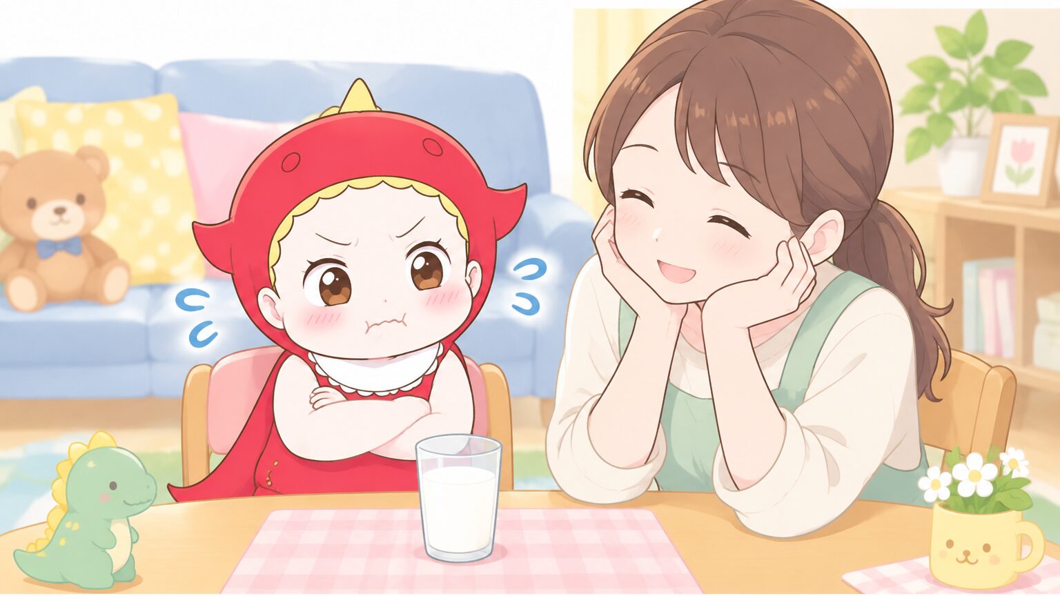 リビングでコップの牛乳を前に顔をしかめる2歳児の女の子と、隣で優しく見守る母親