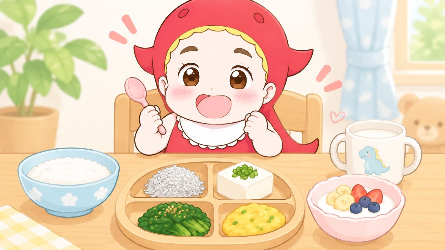 木のテーブルに並んだしらす、豆腐、小松菜、ヨーグルトなどカルシウムが豊富な食材の朝食プレート