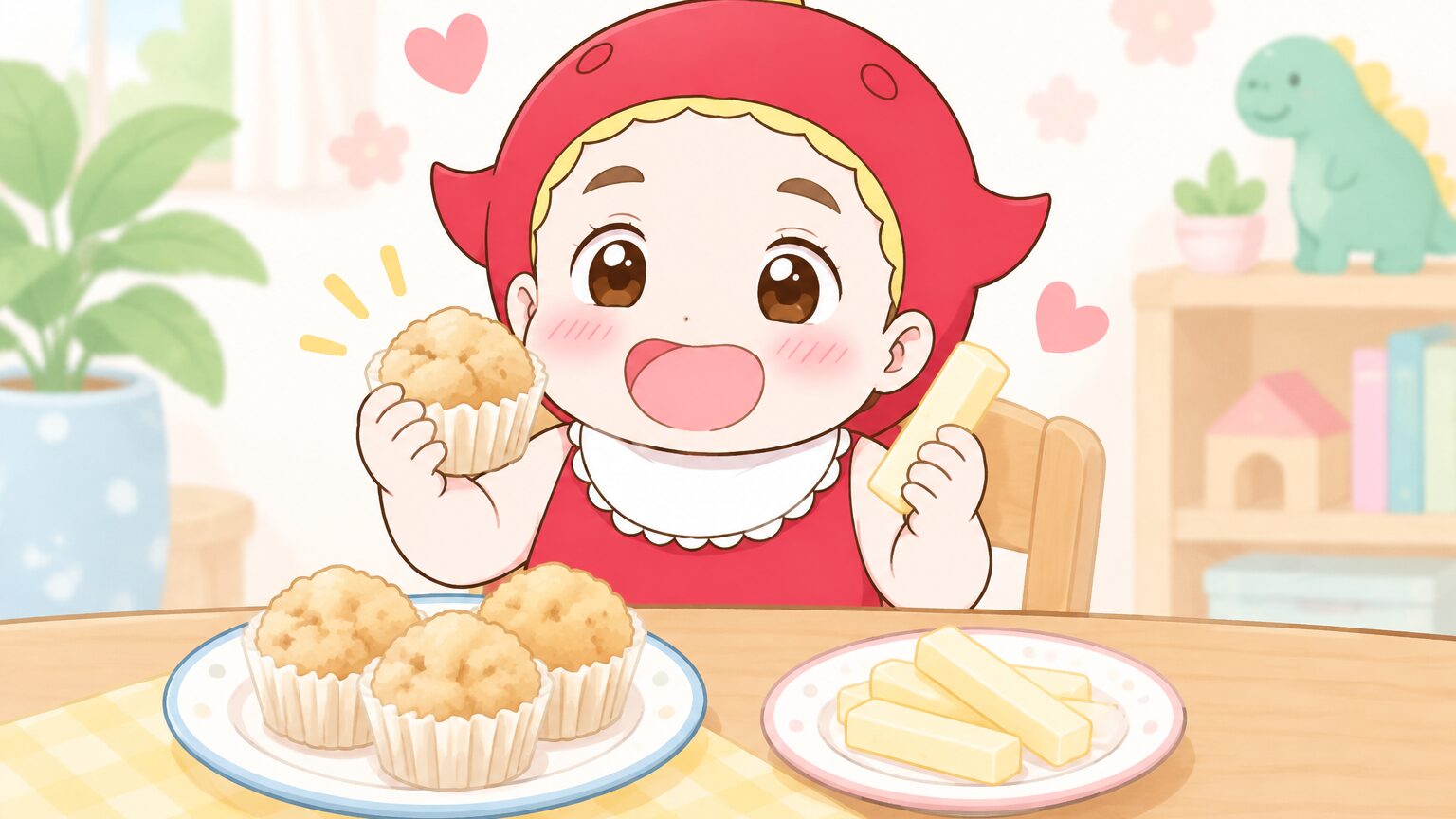 手作りのきな粉蒸しパンとチーズおやつを嬉しそうに食べる2歳の男の子